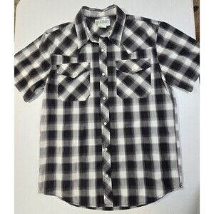 Haband Shirt Mens Small Gray/Black Plaid Pearl Snaps Short Sleeve Western Cowboy